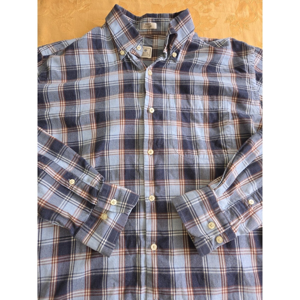 Peter Millar Mens Blue Brown Plaid Cotton Button Down Shirt Long Sleeve Medium
